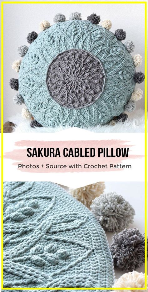 Sakura Cabled Crochet Pillow pattern - free crochet Pillow pattern Crochet Throw Pillows, Boho Crochet Pillow, Pillow Cover Crochet Pattern, Crochet Cushion Pattern, Crochet Pillow Patterns Free, Crochet Cushion Cover, Crochet Pillow Cover, Crochet Patron, Crochet Pillow Pattern