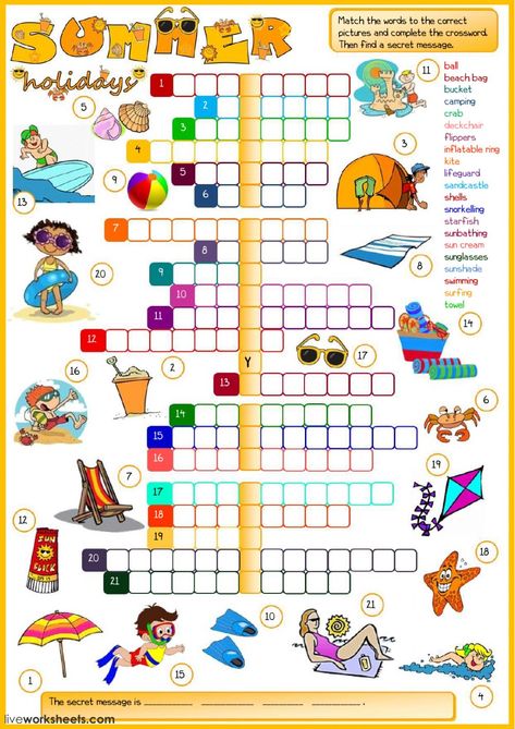 summer vocabulary interactive and downloadable worksheet. You can do the exercises online or download the worksheet as pdf. Summer Vocabulary, Printable Crossword Puzzles, Summer Worksheets, Holiday Worksheets, Crossword Puzzles, Vocabulary Worksheets, English As A Second Language, Esl Worksheets, Summer Holidays