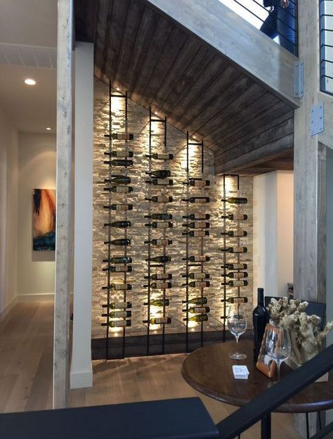 under stairs wine cellar Wine Cellar Modern, Under Stairs Wine Cellar, Wine Storage Wall, Wine Cellar Wall, Wine Room Design, Wine Closet, Home Wine Cellars, Escalier Design, Wine Cellar Design