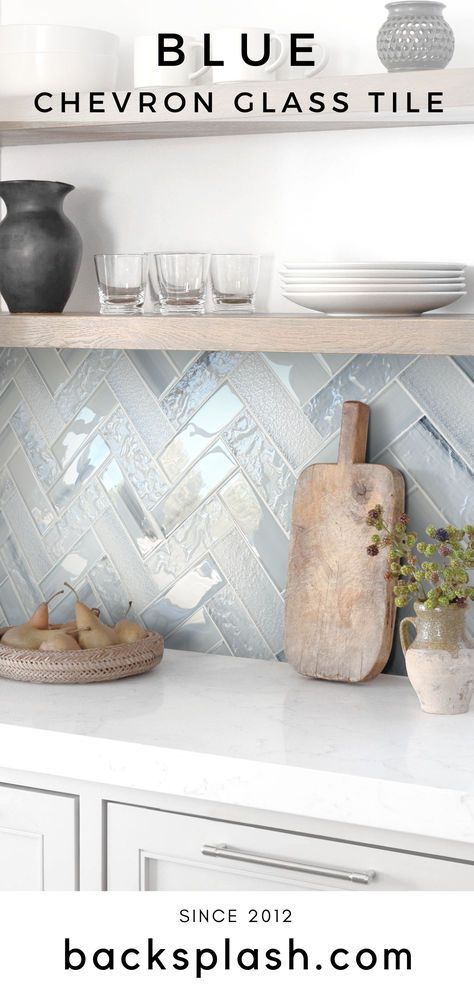 Experience the perfect blend of elegance and modern style with our blue textured glass herringbone tile, featuring a bright glossy finish. Add Color To All White Kitchen, Glass Backsplash Kitchen White Cabinets, Kitchen Backsplash With Accent Strip, Light Colored Backsplash Kitchen, Kitchen White Cabinets Backsplash Ideas, Pretty Backsplash Kitchen, Tropical Backsplash, Kitchen Backsplash Color, Kitchens With Color