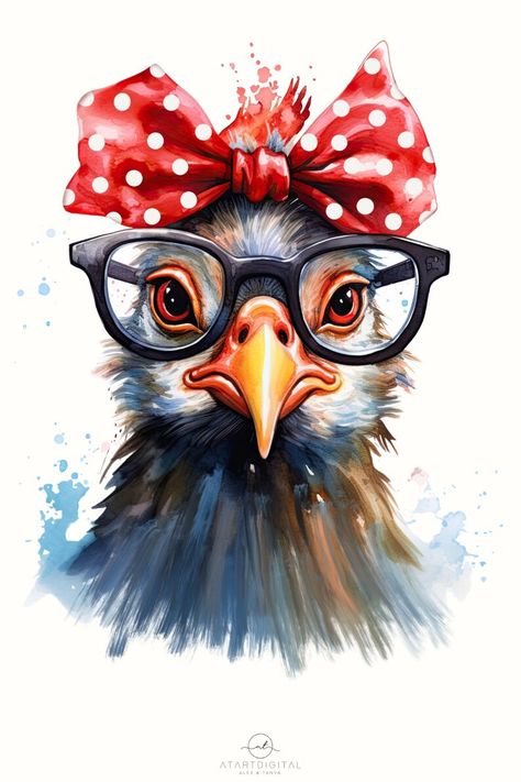 Chicken Oil Painting, Funky Chicken Art, Chicken Illustration Cute, Chicken Pictures Art, Animal Painting Ideas, Chicken Painting Easy, Chicken Cartoons, Cartoon Chickens, Chicken With Glasses