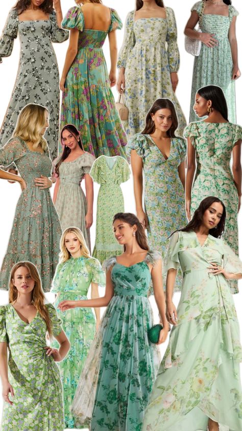 Floral Green Bridesmaids Dresses for garden party wedding, wildflower spring wedding inspiration aesthetic collage, green floral bridesmaid dress Green Floral Bridesmaids, Green Floral Bridesmaid, Aesthetic Collage Green, Wildflower Spring Wedding, Floral Bridesmaids Dresses, Floral Bridesmaid Dress, Green Bridesmaids Dresses, Green Bridesmaids, Floral Bridesmaid Dresses