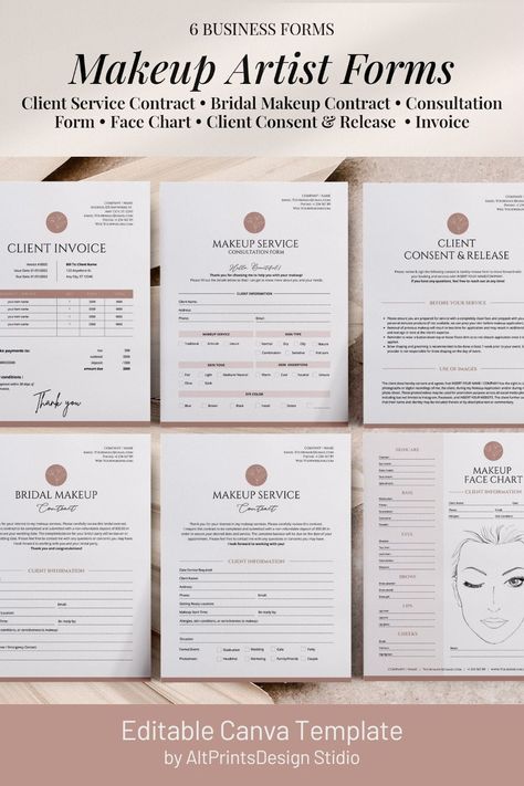 Makeup Artist Business forms Bundle. Set of 6 editable templates for your beauty business. These editable makeup artist contract templates are a perfect tool for makeup artists to elevate their marketing and impress their clients. #makeup #contract #intake #consultation #canvatemplate #bridal #legal #makeupartist Bridal Makeup Contract, Bridal Makeup Artist Tips, Makeup Artist Set Up, Makeup Artist Contract, Makeup Artist Marketing, Makeup Contract, Freelance Makeup Artist Business, Makeup Artist Resume, Makeup Marketing