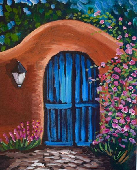 Event Calendar – Kelly Jo Designs By Wine Adobe House Paintings, New Mexico Painting Ideas, Mexico Painting Easy, Mexican Art Traditional, Mexican Paintings Ideas, Adobe Houses, Mexican Art Painting, Frit Painting, Southwest Painting