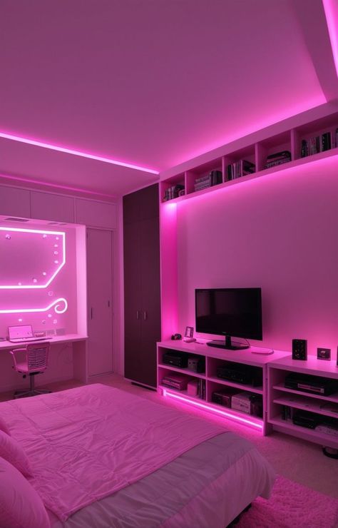 Pink Gaming Bedroom, Gaming Bedroom Aesthetic, Aesthetic Bedroom Ideas Led Lights, Neon Bedroom Aesthetic, Neon Room Aesthetic, Room Ideas Led Lights, Pink Gaming Chair, Led Lights Bedroom Aesthetic, Gaming Bedroom Ideas