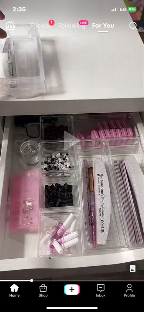 Nail Supply Drawer, Organisation, Nail Room Suite, Beginner Nail Tech Sets, Nail Tech Drawer Organization, Nail Tech Setup At Home, Nail Organizer Ideas, Nail Tech Business Planner, Nail Technician Room Decor