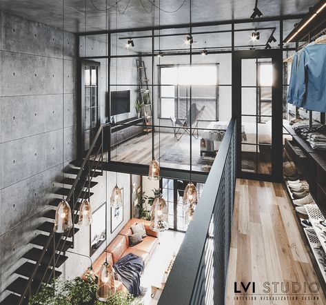 Asma Kat, Industrial Loft Design, Loft House Design, Industrial Home Design, Industrial Style Kitchen, Loft Interior Design, Tiny House Loft, House Loft, Loft Interiors