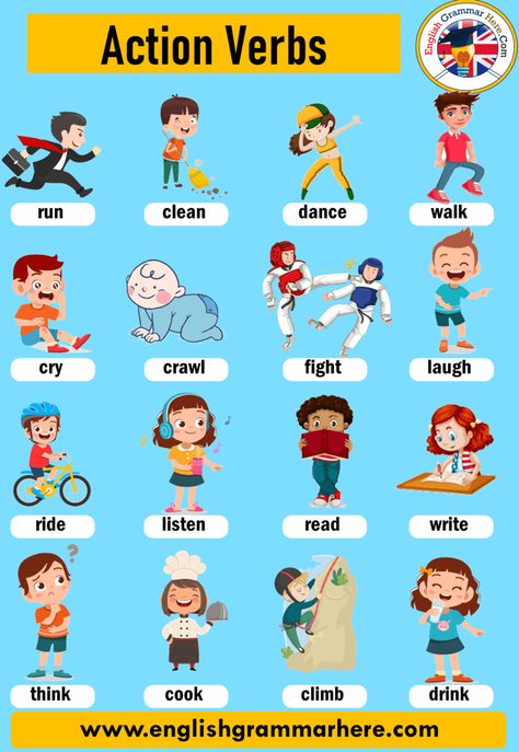 English Vocabulary; Action Verbs: List of Common Action Verbs, Definition and Examples ACTION VERBS Sentences established with verbs of action Oppgaver For Barn, Aktiviti Prasekolah, Verbs For Kids, अंग्रेजी व्याकरण, Materi Bahasa Inggris, Maluchy Montessori, Verbs List, Grammar For Kids, English Activities For Kids