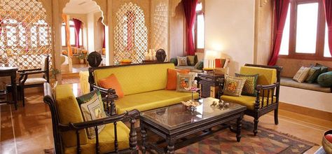 The perfect place for High Tea in the Jaisalmer Suite at the Suryagarh Palace Living Room Designs India, Hotel Images, India Holidays, High Ceiling Living Room, Color Palette Living Room, Indian Home Interior, Ethnic Home Decor, Hotel Room Design, Room Partition Designs