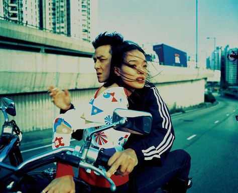 Actress Shu Qi rides atop a motorcycle piloted through Hong Kong by Daniel Wu // Phot Andreas Gursky, Qi Shu, Hong Kong Cinema, Shu Qi, Kong Movie, Jack Kerouac, Cinematic Photography, 인물 사진, Film Aesthetic