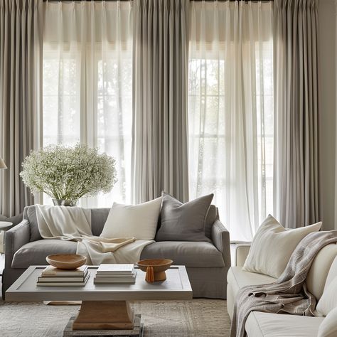 7 Curtain Trends to Enhance Your Living Room Decor Curtain Ideas For Three Windows In A Row, White Sheers In Living Room, Madrid, Curtains In Living Room Behind Couch, Curtains Layered With Sheers, Curtains Tv Room, Drapes And Sheers For Living Room, Automatic Curtains Living Rooms, Layered Window Curtains