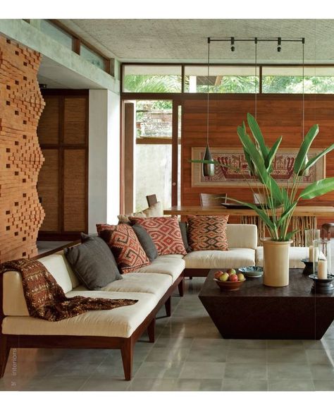 Living Rooms, Balinese Interior Design, Bali Style, Brick Wall, Google Search, Indonesian Textiles, Ethnic Living Room, Modern Balinese Interior Bali Style Interior Design, Indonesian Decor, Ethnic Living Room, Modern Bohemian Living Room Decor, Balinese Interior, Modern Bohemian Living Room, Bali Style Home, Indian Interior Design, Bali Interior