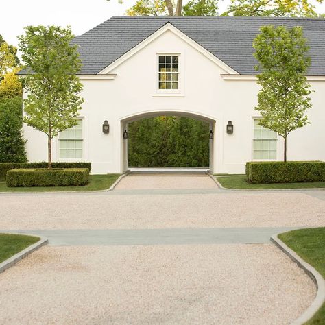 Stucco Exterior Colors, Gravel Parking, Garage Pictures, Woodland House, Porte Cochere, Stucco Exterior, Exterior Renovation, Street House, Countryside House