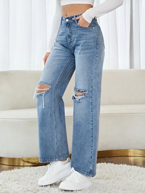 Cute Jeans Aesthetic, Straight Fit Jeans Outfit Women, Straight Ripped Jeans, Light Wash Straight Leg Jeans, Ribbed Jeans, Straight Legged Jeans, Shein Jeans, Jeans Outfit Women, Trendy Jeans