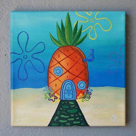 @painttress on Instagram: «124 Conch Street 🍍 The painting that started it all 1/3 . . . Wanted to post all 3 in the same…» #spongebob #pineapple #art Spongebob Painting, Disney Canvas Art, Small Canvas Paintings, Hippie Painting, Easy Canvas Art, Simple Canvas Paintings, Cute Canvas Paintings, Canvas Drawings, Painting Ideas On Canvas