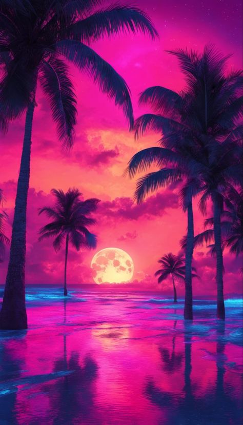 A colorful ocean sunset in Miami with fantasy neon colors and full moon Sunset Pictures Wallpaper, Tropical Vaporwave, Beach Aesthetic Palm Trees, Tiki Aesthetic, Miami Palm Trees, Neon Palm Tree, Neon Sunset, Tropical Neon, Palm Trees Sunset