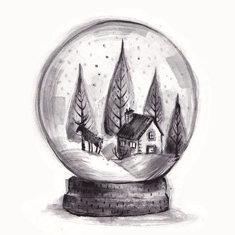 Mini snow globe drawing. I've decided to only post festive things between now and Christmas Kass Reich, Christmas Drawing Ideas, Globe Drawing, Reindeer Drawing, Mask Illustration, Illustration Face, Xmas Drawing, Christmas Sketch, Winter Drawings