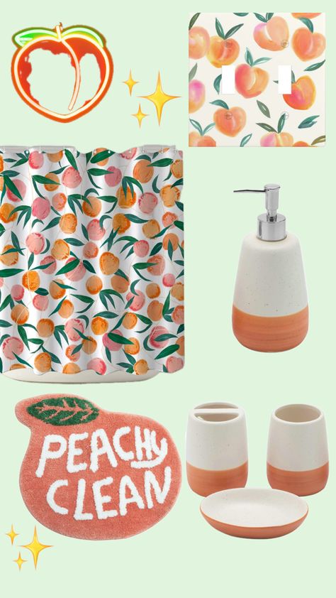 inspiration for a peach themed bathroom Peach Themed Bedroom, Fun Bathroom Themes, Fruit Bathroom Theme, Fruit Themed Bathroom, Peach Themed Bathroom, Peachy Clean Bathroom, Peach Bathroom Ideas, Girly Bathroom Ideas For Women, Peachy Bathroom