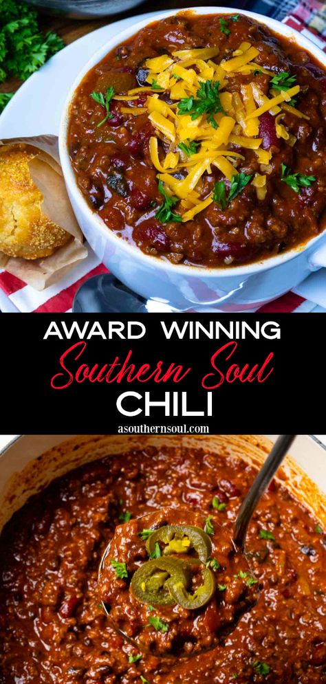 Southern Chili Recipe, Winning Chili Recipes, Homemade Chili Recipe, Beef Chili Recipe, Best Chili Recipe, Chili Recipe Crockpot, Chilli Recipes, Chili Cook Off, Chili Recipe Easy