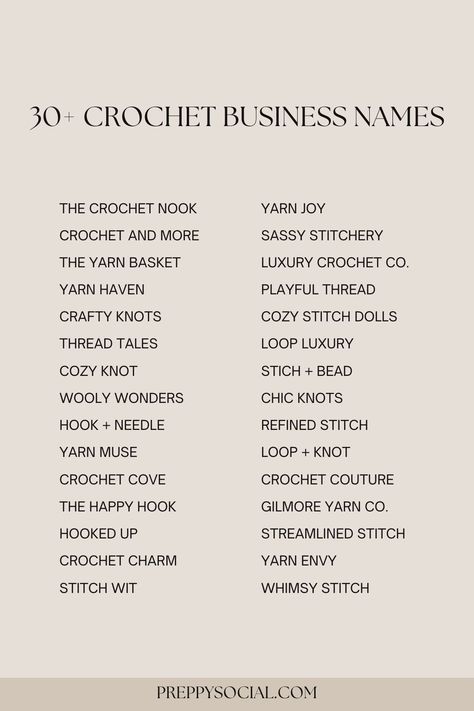 Looking for crochet business names? Check out these 30+ incredibly fun crochet business names! Amigurumi Patterns, Aesthetic Crochet Business Names, Ideas For Names For Business, Names For Embroidery Business, Crochet Business Idea, Crochet Page Name Ideas, Crochet Business Name Ideas, Names For Crochet Business, Logo For Crochet Business