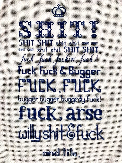 My original pattern; a cross stitch representation of the swearing scene from The King's Speech. Swear Word Cross Stitch, King's Speech, Random Crafts, Subversive Cross Stitch, Cute Embroidery, Soap Boxes, Wednesday Addams, A Cross, Cross Stitching