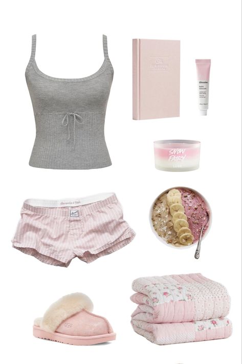 Cute Pink Pjs Aesthetic, Sleep Wear Ideas, Cute Bed Outfits, Cute Outfits To Sleep In, Girly Aesthetic Clothes, Girly Pajama Set, Cute Lounge Wear Aesthetic, Pajamas Outfit For School, Cute Pajamas For Women Aesthetic