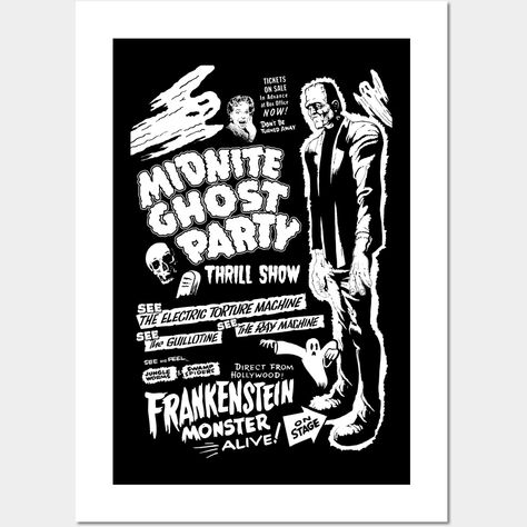 A custom-designed poster for a vintage-style spook show|ghost party event. -- Choose from our vast selection of art prints and posters to match with your desired size to make the perfect print or poster. Pick your favorite: Movies, TV Shows, Art, and so much more! Available in mini, small, medium, large, and extra-large depending on the design. For men, women, and children. Perfect for decoration. Vintage Fashion, Tv Shows, Ghost Party, Frankenstein's Monster, Party Poster, Party Event, Poster Wall, Ghost, Art Print