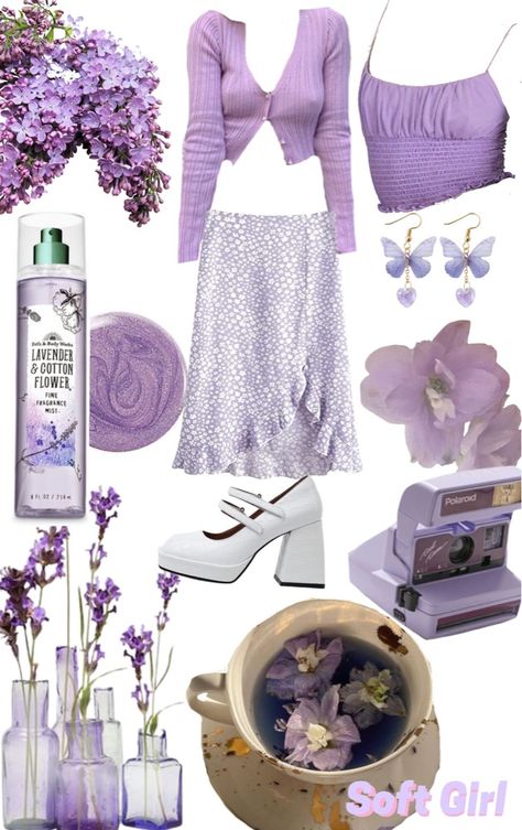 Soft Purple Aesthetic Outfit, Cottagecore Purple Outfit, Clothes Purple Aesthetic, Cardigan Outfit Purple, Pastel Bohemian Outfit, Pastel 90s Outfits, Cottagecore Outfits Purple, Pastel Purple Aesthetic Outfit, Pastel Floral Outfit