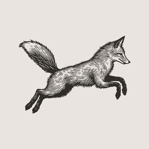 Jumping Fox Illustration, Running Fox Illustration, Fox Jumping Tattoo, Vintage Fox Illustration, Jumping Fox Tattoo, Tattoo Fox Design, Fox Minimalist Tattoo, Antiquity Tattoo, Fox Woodcut