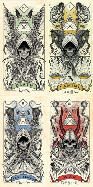 there is the four horse men of the apocalypse. Trier, Four Horsemen Of The Apocalypse Tattoo, Seven Deadly Sins Tattoo, Apocalypse Tattoo, Four Horseman, Viking Tattoo Symbol, Tattoo Arm Designs, Four Horses, Skull Sleeve