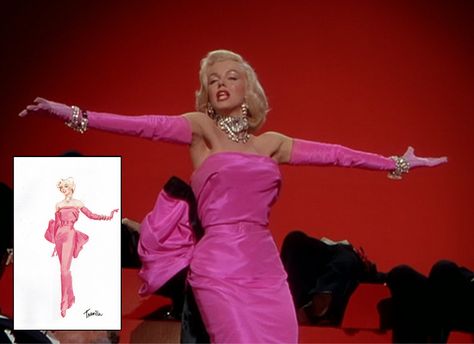 Marilyn never looked better — or more in her element — than dripping in diamonds and men in this floor-length, shocking pink, satin frock created by costume designer William Travilla and matching pink gloves as Lorelei Lee. Marilyn Monroe Pink Dress, William Travilla, Marilyn Monroe Diamonds, Estilo Marilyn Monroe, Pink Movies, Vestidos Color Rosa, Gentlemen Prefer Blondes, Movies Outfit, Iconic Dresses