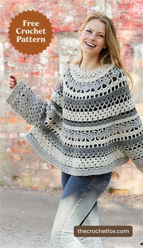 Poncho With Sleeves Crochet Pattern Free, Crochet Pattern Plus Size, Easy Crochet Jacket, Circular Poncho Crochet Pattern Free, Crochet Boho Sweater Pattern Free, Crochet Ponchos Free Patterns, Free Lace Crochet Patterns, Crochet Poncho Sweater, Free Crochet Poncho Patterns