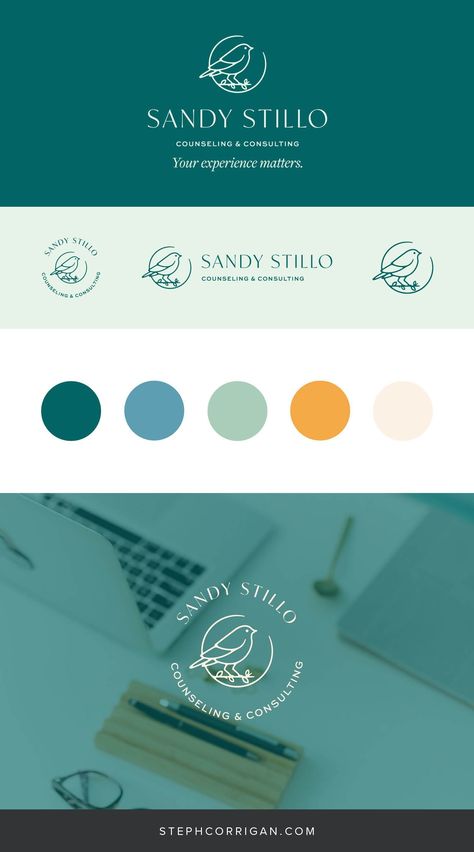 Custom brand identity and logo design for a therapy practice. The identity features a friendly bird logomark and warm, inviting color palette with blue, green, and orange. The result is a professional and elegant yet approachable brand identity. Click through to view more of this therapist branding project! Website Color Palette Green, Therapy Branding Design, Counselling Branding, Approachable Branding, Color Palette With Blue, Green Brand Identity, Therapist Branding, Therapy Logo, Color Branding