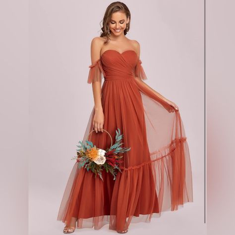 About This Item - Size 16 Color Burnt Orange Maxi Tulle Party Dress With Off-Shoulder, The Wedding Guest Dress Is Fashion And Modern. Perfect As Evening Dresses, Bridesmaid Dresses, Wedding Party Dresses, Wedding Guest Dresses, Cocktail Dresses, Formal Dresses, Prom Dresses, Dance Dresses, Party Dresses. It Is Also Suitable For Semi-Formal And Any Other Occasions. Ever-Pretty Gives You Stylish And Affordable Dresses With Unique Design. You Deserve This Beautiful Evening Dress For Almost All Casu Stain Dress, Burnt Orange Bridesmaid Dresses, Light Pink Bridesmaid Dresses, Rust Bridesmaid Dress, Dresses Dance, Orange Bridesmaid Dresses, Fall Bridesmaid Dresses, Tulle Party Dress, Dresses Wedding Guest