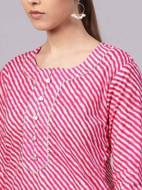 Collar Kurti Design, Striped Kurta, Collar Kurti, Kurta With Sharara, Kurti Sleeves, Kalamkari Blouse, Stylish Kurtis Design, Churidar Neck Designs, Pink Kurta