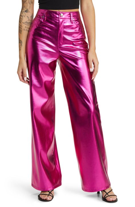 A bold metallic finish brings plenty of retro glamour to these faux-leather pants in a wide-leg silhouette. 32" inseam; 22" leg opening; 13 1/2" front rise; 15 1/2" back rise (size 29) Zip fly with button closure Five-pocket style 100% polyester with polyurethane coating Dry clean Imported Pink Metallic Pants, Silver Pants Outfit, Edgy Concert Outfit, Metallic Pants Outfit, Faux Leather Wide Leg Pants, Leather Wide Leg Pants, Imvu Outfits, Imvu Outfits Ideas Cute, Silver Pants