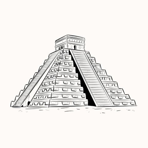 Mayan Pyramids Tattoos, Mayan Pyramid Drawing, Mayan Temple Art, Mayan Temple Tattoo, Aztec Temple Drawing, Aztec Pyramid Tattoo Design, Aztec Pyramids Drawing, Aztec Temple Tattoo, Chichen Itza Dibujo