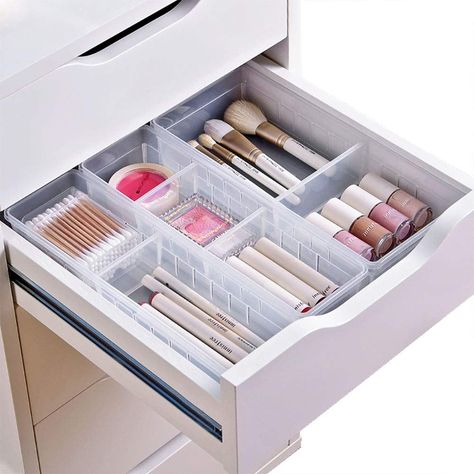 Chris.W Desk Drawer Organizer Tray With Adjustable Dividers Makeup Drawer Dividers, Office Drawer Organization, Desk Drawer Organizer, Rangement Makeup, Flatware Organizer, Diy Rangement, Ikea Alex, Makeup Drawer Organization, Makeup Drawer