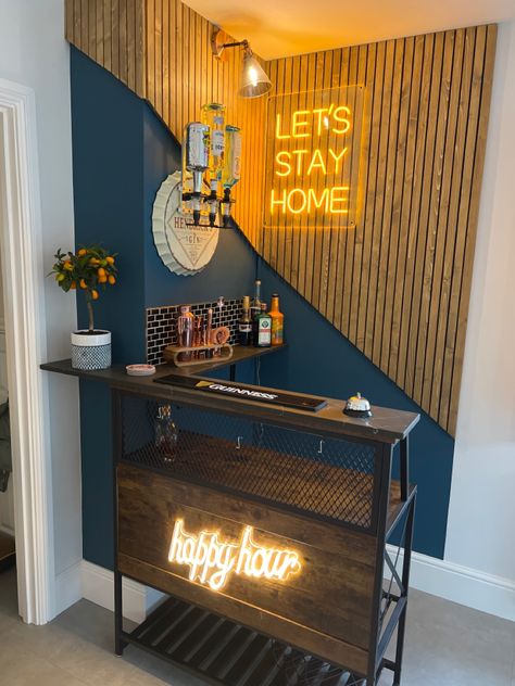 Mini Bar On Wall, Bar Set Up Ideas For Home, Bonus Room Mini Bar, Bar Wall Color Ideas, Bar Entryway Ideas, Home Bar Decor Ideas Accent Walls, Bar Wall Apartment, Cute Bar Ideas For House, Small In Home Bar Ideas