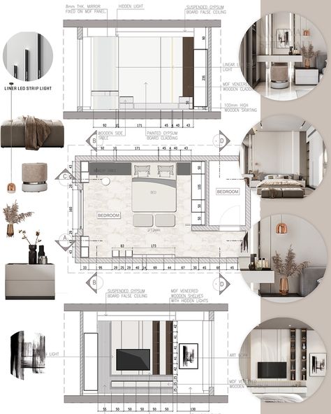 Master bedroom (Apamia) Dubai :: Behance Textures In Interior Design, Interior Condo Design, Technical Drawing Interior Design, Interior Details Drawing, Bedroom Moodboard Interior Design, Bedroom Elevation, Behance Interior, Portfolio Interior Design, Interior Design Presentation Boards