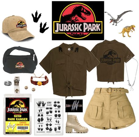 Jurrasic Park Outfits, Jurrasic Park Outfit Ideas, Jurassic Park Fashion, Jurassic World Inspired Outfits, Jurassic World Outfit Ideas, Jurassic Park Aesthetic Outfit, Jurassic Park Group Costume, Jurassic Park Cosplay, Dinosaur Outfit Aesthetic