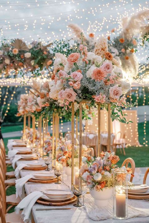 Wedding Decor Pink And Gold, Pink White Gold Wedding Theme, Centerpieces Wedding Lights, Wedding Light Pink Theme, Floral Wedding Ideas Decor, Tall Gold Stand Centerpiece Wedding, Wedding Themes Pink And Gold, Flower Wedding Inspiration, Wedding Gold Centerpieces