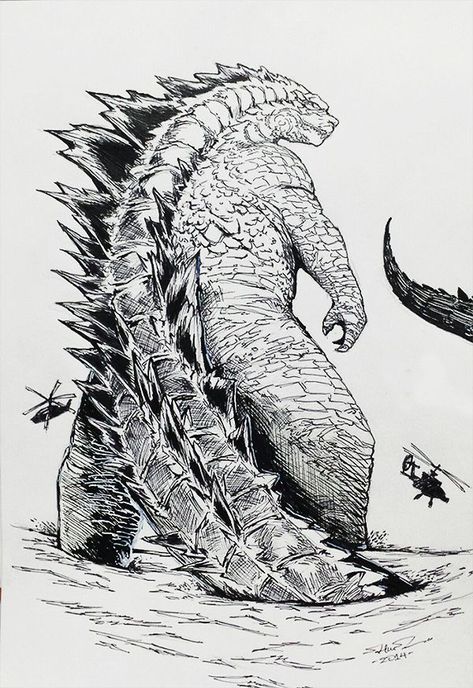 Godzilla Tattoo, Godzilla Art, King Of Monsters, Godzilla Monsters, Marker Sketch, Dinosaur Sketch, King Kong Vs Godzilla, Avengers Cartoon, Godzilla Wallpaper