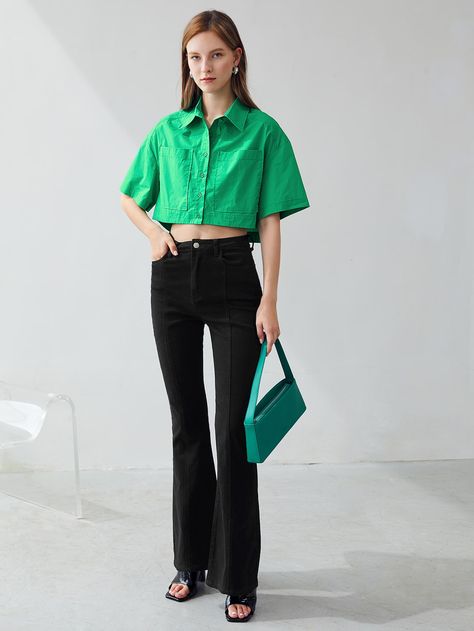 Green Casual Collar Short Sleeve Fabric Plain Shirt Embellished Non-Stretch Summer Women Tops, Blouses & Tee Ootd Moodboard, Engineer Clothes, Plain Shirt, Outfits Mujer, Cropped Shirt, Plain Shirts, Women Blouses, Crop Blouse, Green Blouse