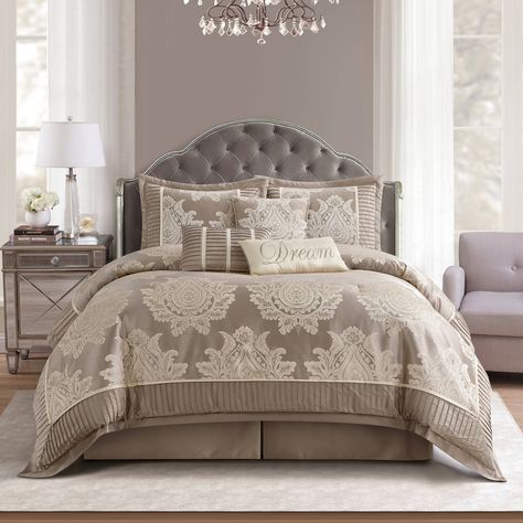 Introduce an air of timeless elegance to your bedroom with our luxurious traditional comforter set. Traditional Glam Bedroom, Ivory Comforter, Taupe Comforter, Beige Comforter, Jacquard Bedding, Grey Comforter Sets, Grey Comforter, Glam Bedroom, Luxury Bedding Set