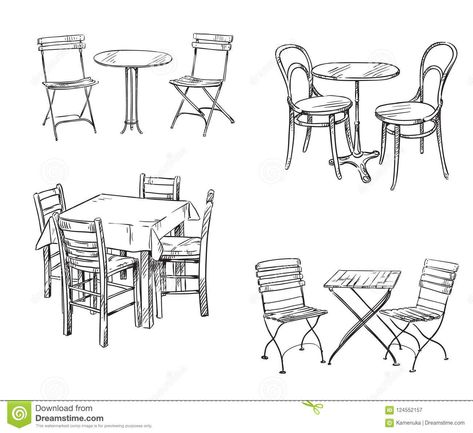 Sets of Tables and Chairs. Furniture Sketch. Stock Vector - Illustration of restaurant, furniture: 124552157 Table And Chairs Tattoo, Draw Table Sketch, Table And Chair Tattoo, Chair And Table Drawing, Coffee Table Drawing Sketch, Coffee Table Illustration, Table Tattoo Design, Table And Chair Drawing, Dining Table Sketch