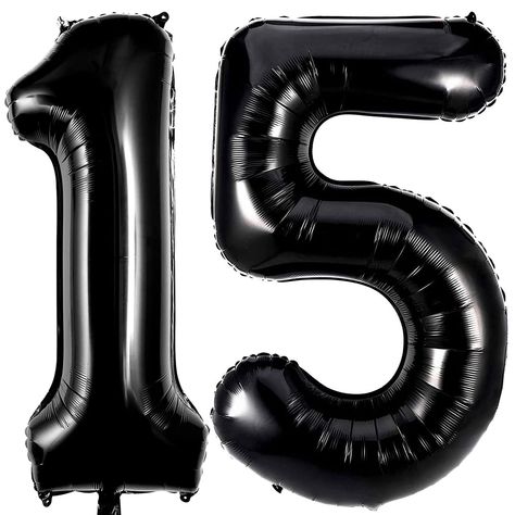 PRICES MAY VARY. Package Included:40 inch black 15 balloons number + 1 Straw. Premium High Quality Balloons:The 15 birthday balloons are made of quality aluminum mylar foil,thick and odorless.High quality imprint technology,edge neat,not easy to explode and leak.Black number 15 balloon will be the great decoration addition for birthday parties. Sealed Automatically:The black 15 balloon number supplies comes sealed automatically after inflating.15 number balloons have holes on the top to string t 15 Balloons Number, Birthday Party 15, Birthday Number Balloons, 15 Balloons, Helium Number Balloons, 51st Anniversary, 15 Number, Balloons Number, Balloon Numbers