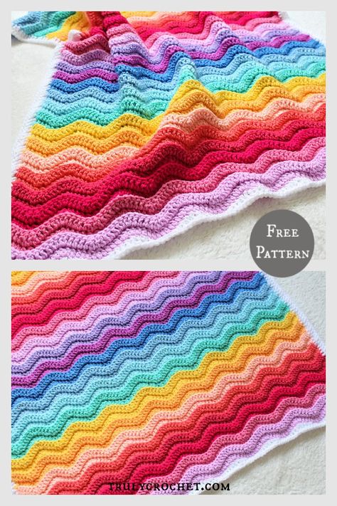 Chunky Rainbow Ripple Baby Blanket Free Crochet Pattern Ripple Baby Blanket Crochet Pattern, Rainbow Crochet Blanket Pattern, Free Crochet Baby Blanket Patterns, Winter Baby Blanket, Ripple Baby Blanket, Crochet Ripple Afghan Pattern, Chevron Crochet Blanket Pattern, Baby Blanket Free Crochet Pattern, Crochet Blanket Rainbow