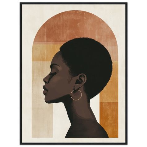 Available in 6x8, 12x16, and 24x32 sizes, this Japandi-inspired Boho minimalist poster features a striking depiction of a Black woman with short hair, adorned with a single earring. Set against a soothing beige background, the artwork is brought to life with rich earth-tone colors that convey a sense of calm and serenity. The design's simplicity and elegance make it a timeless addition to any modern space, offering a perfect blend of cultural depth and contemporary style. Our ready-to-hang woode