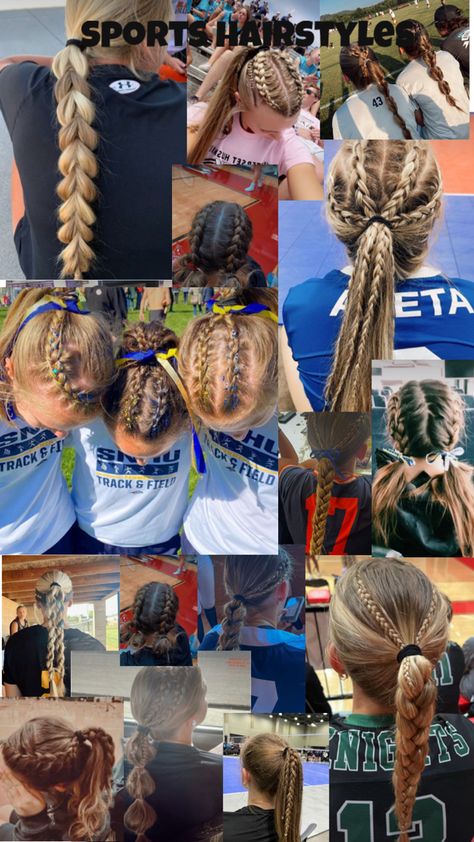 Cute sports hairstyles! Volleyball Hair, Soccer Girl Hairstyles, Cute Sports Hairstyles, Braided Sporty Hairstyles, Cute Sporty Hairstyles, Cute Volleyball Hairstyles, Soccer Hairstyles, Track Hairstyles, Preppy Hairstyles